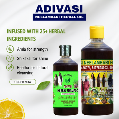 Adivasi Neelambari Herbal Hair Oil + Shampoo FREE